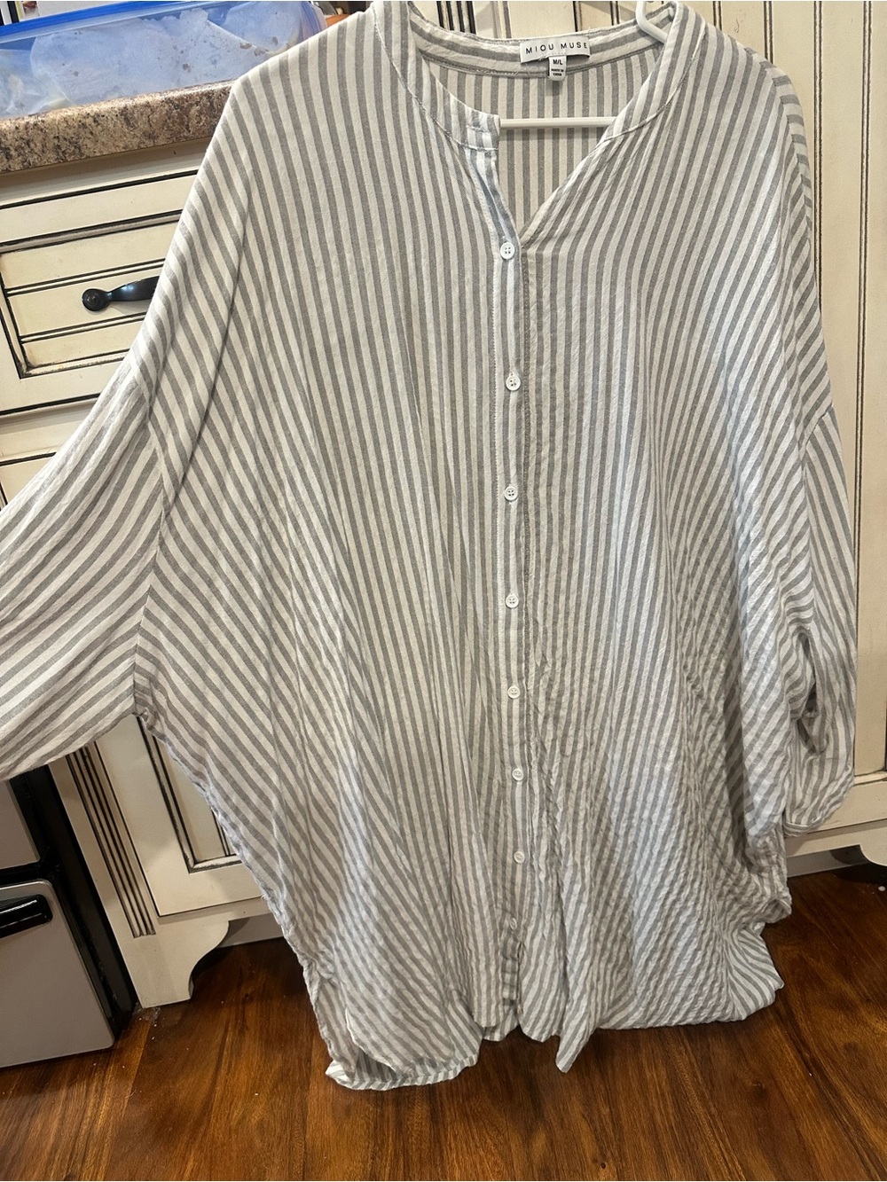 Miou Muse Gray & White Striped Button Front Top/dress